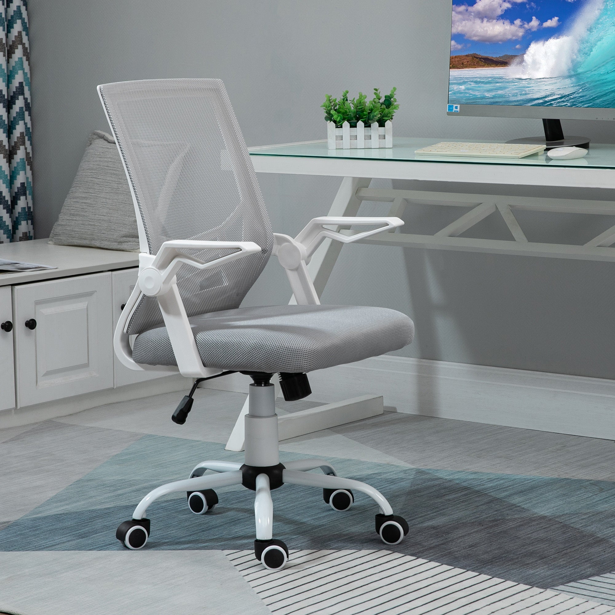 Office Chair, Ergonomic Desk Chair, Executive Computer Chair with 90° Flip-up Armrest and Lumbar Support, Adjustable Height for Home/Office, Grey