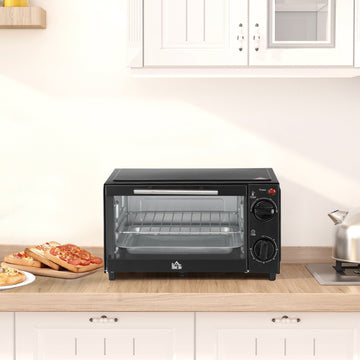 Mini Oven, 9L Countertop Electric Grill, Toaster Oven with Adjustable Temperature, Timer, Dishwasher Safe Baking Tray and Wire Rack, 750W, Black