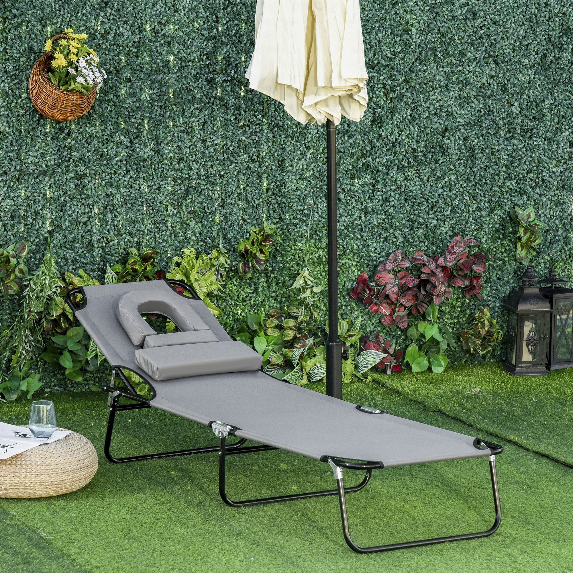 Folding Sun Lounger Reclining Chair w/ Pillow Reading Hole Garden Beach