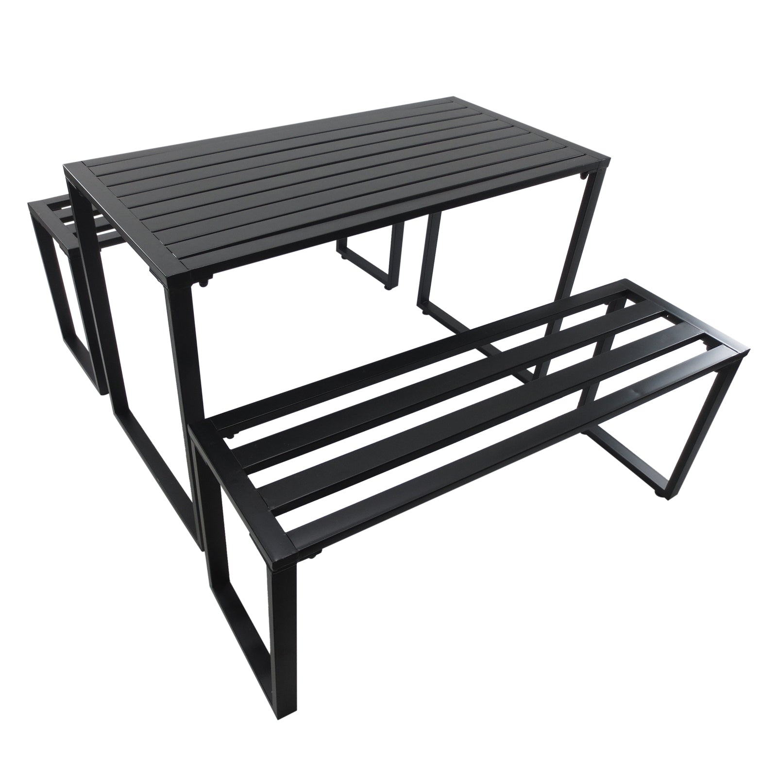 3 Pieces Picnic Bench Set with Table and 2 Benches, Slated Design Dining Trestle Beer Table and Seat, Black