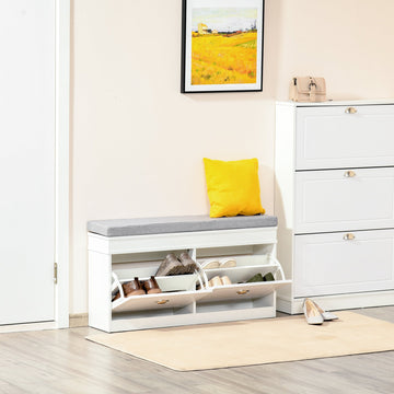 Shoe Storage Bench with Flip Drawers, Shoe Cabinet with Seat Cushion and Adjustable Shelf for Hallway, Entryway, Living Room, Bedroom, White