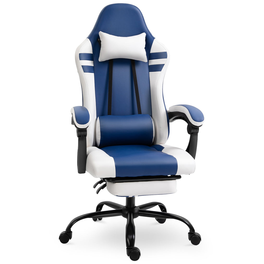PU Leather Gaming Chair with Headrest, Footrest, Wheels, Adjustable Height, Racing Gamer Chair, Blue White