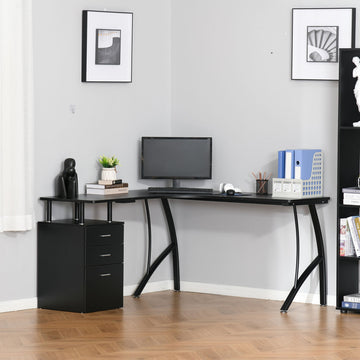 L-Shaped Computer Desk Table with Storage Drawer, Home Office Desk Corner Industrial Style Workstation for A4 Files 143.5 x 143.5 x 76cm, Black