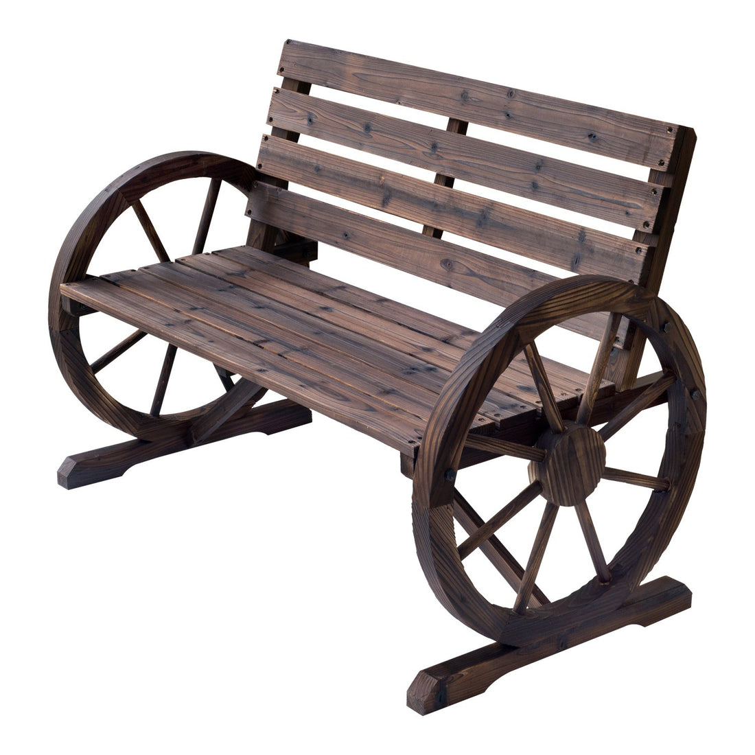 2 Seater Garden Bench with Wooden Cart Wagon Wheel Rustic High Back Brown