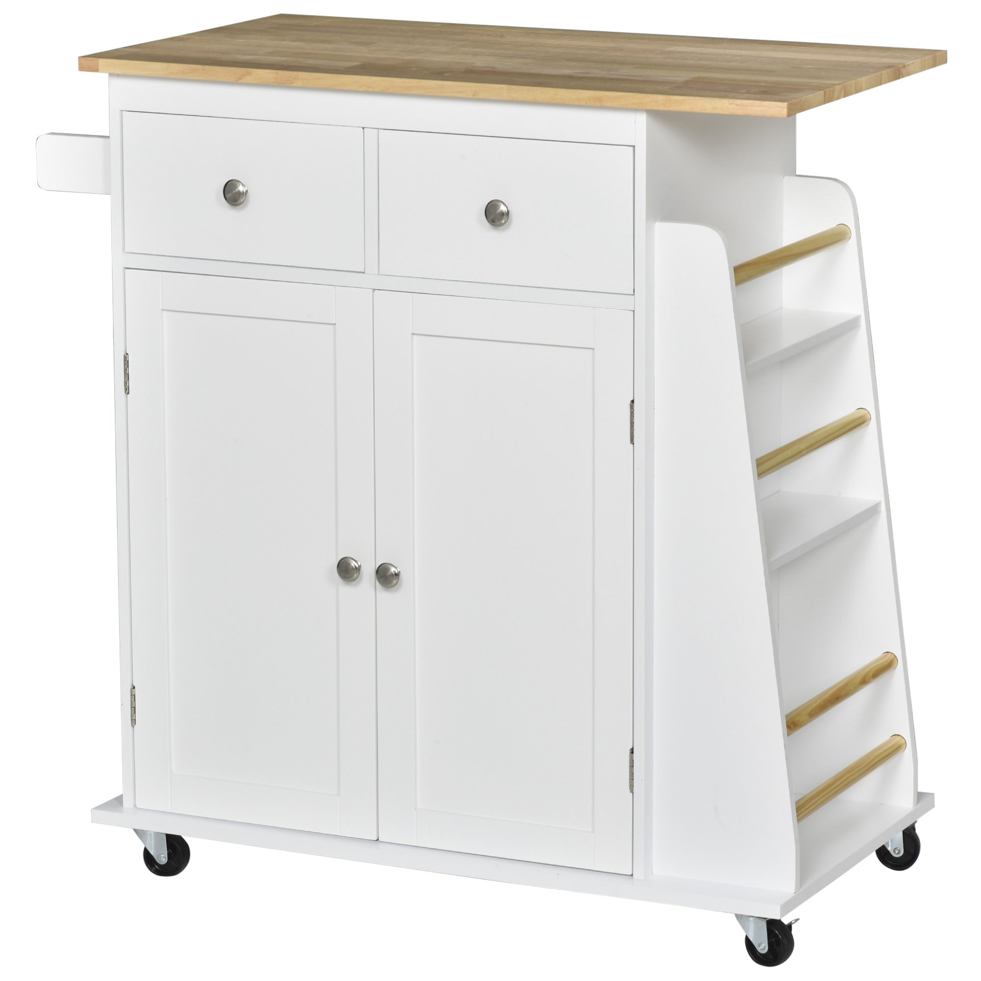 Kitchen Island on Wheels, Mobile Storage Trolley, Rolling Kitchen Cart with Rubber Wood Top, 2-Door Cabinets, 2 Drawers, Adjustable Shelf, 3-Tier Spice Rack, Drawers