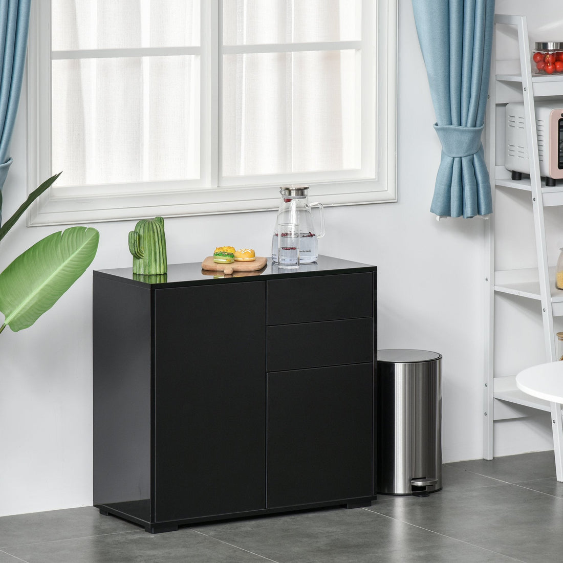 High Gloss Side Cabinet, Push-Open Design with 2 Drawers and 2 Cabinets for Living Room, 74H x 117W x 36Dcm, Black