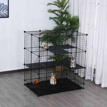 3 Level DIY Pet Playpen Metal Small Animal Cage Rabbit Ferret Chinchillas Cage 4 Doors Bottom Trays Black