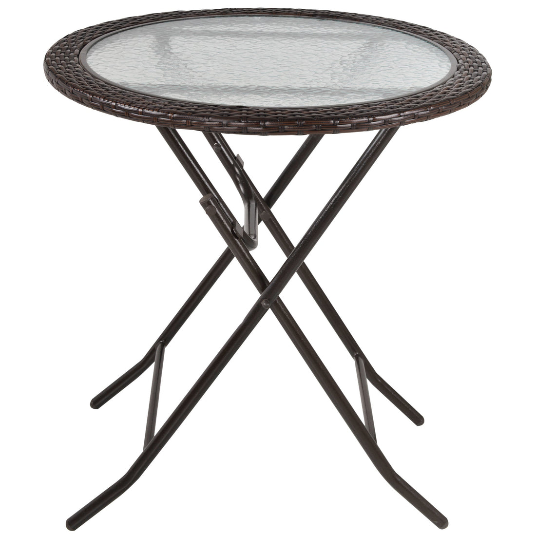 Folding Rattan Garden Dining Table, 68 cm Round Rattan Garden Table with Water Ripple Tempered Glass Top, Wicker Edging and Steel Frame for Outdoor, Patio, Brown