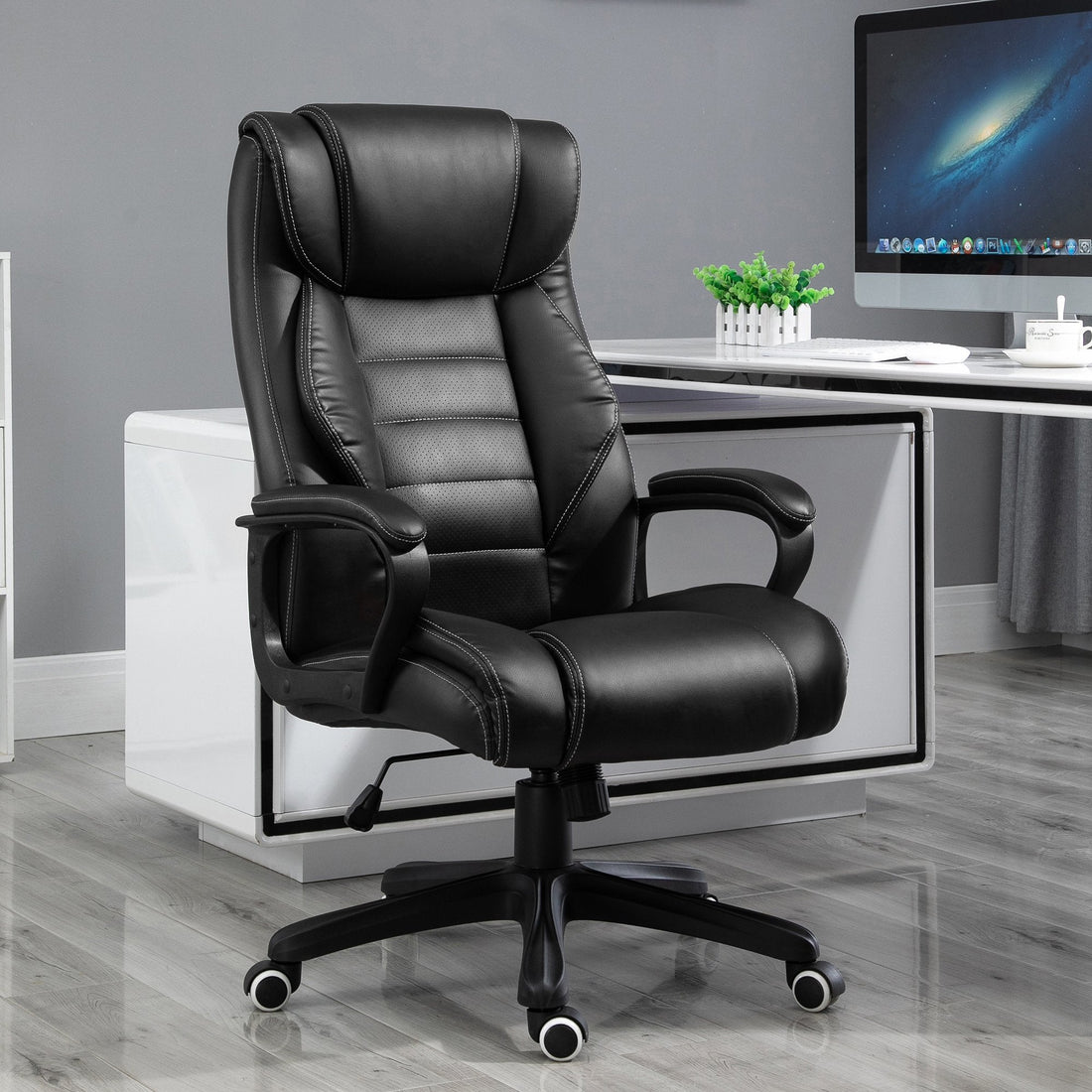 Office Chair with 6-Point Maaage and Back Heat, PU Desk Chair with Padded Seat and Armrest, Computer Chair with Tilt Function for Home, Black