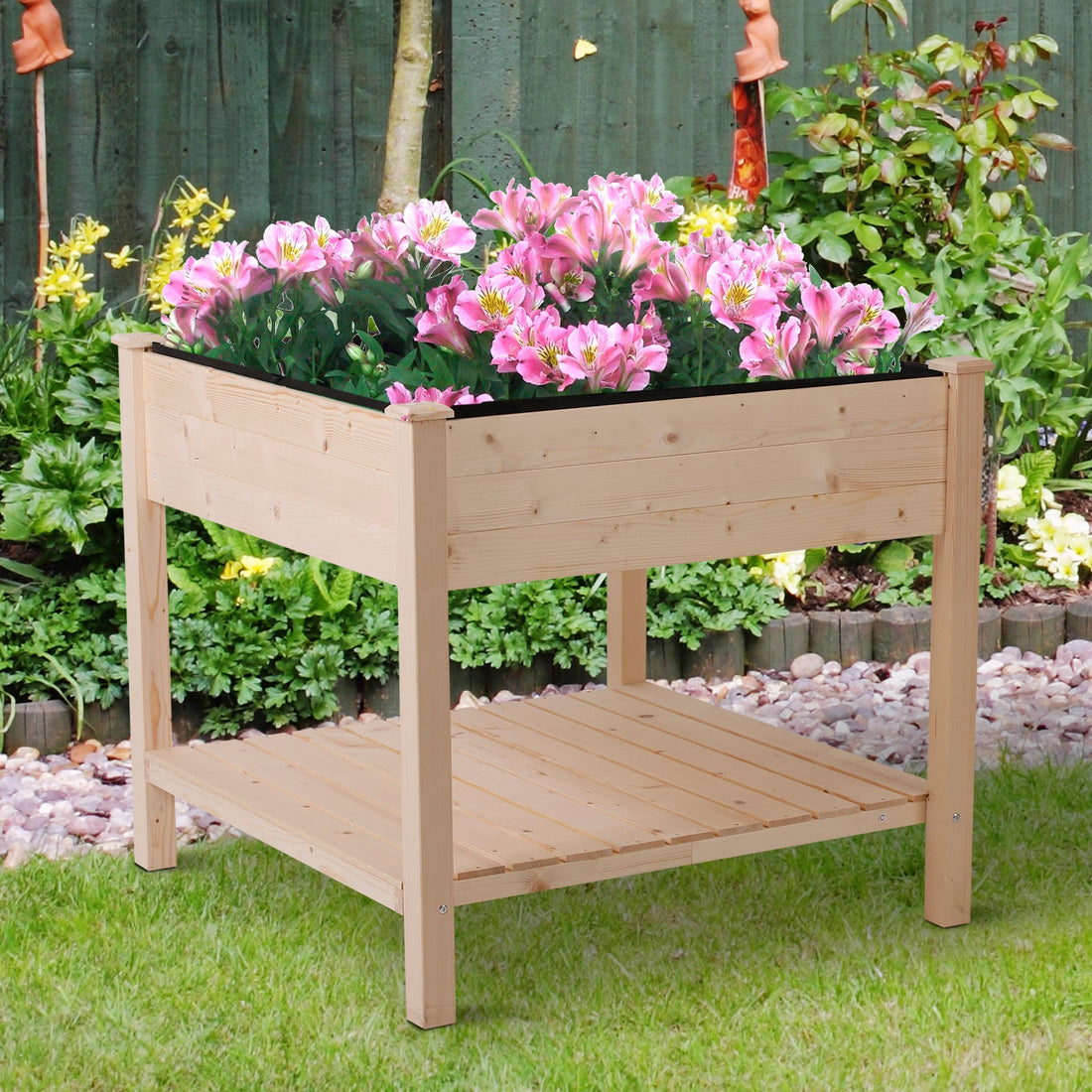 Elevated Fir Wood Plant Box, 91Lx91Wx81H cm-Natural Wood Colour
