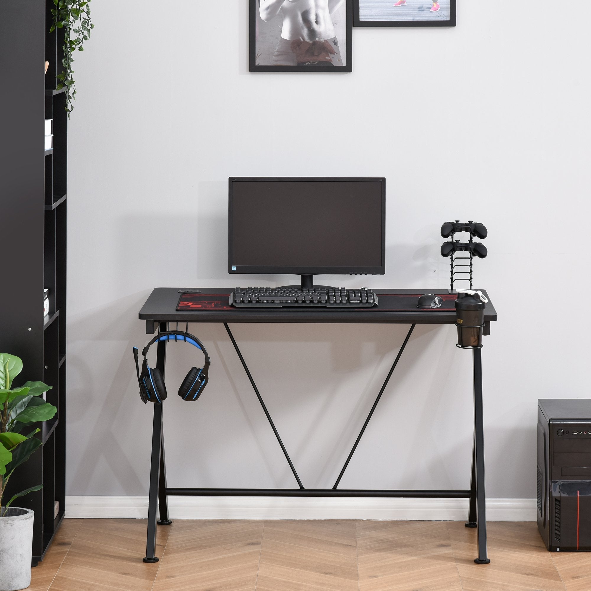 Gaming Desk 108 x 66 cm PC Computer Desk with Whole Board, A Shaped Gaming Table for Home Office with Cup Holder and Headphone Hook, Black