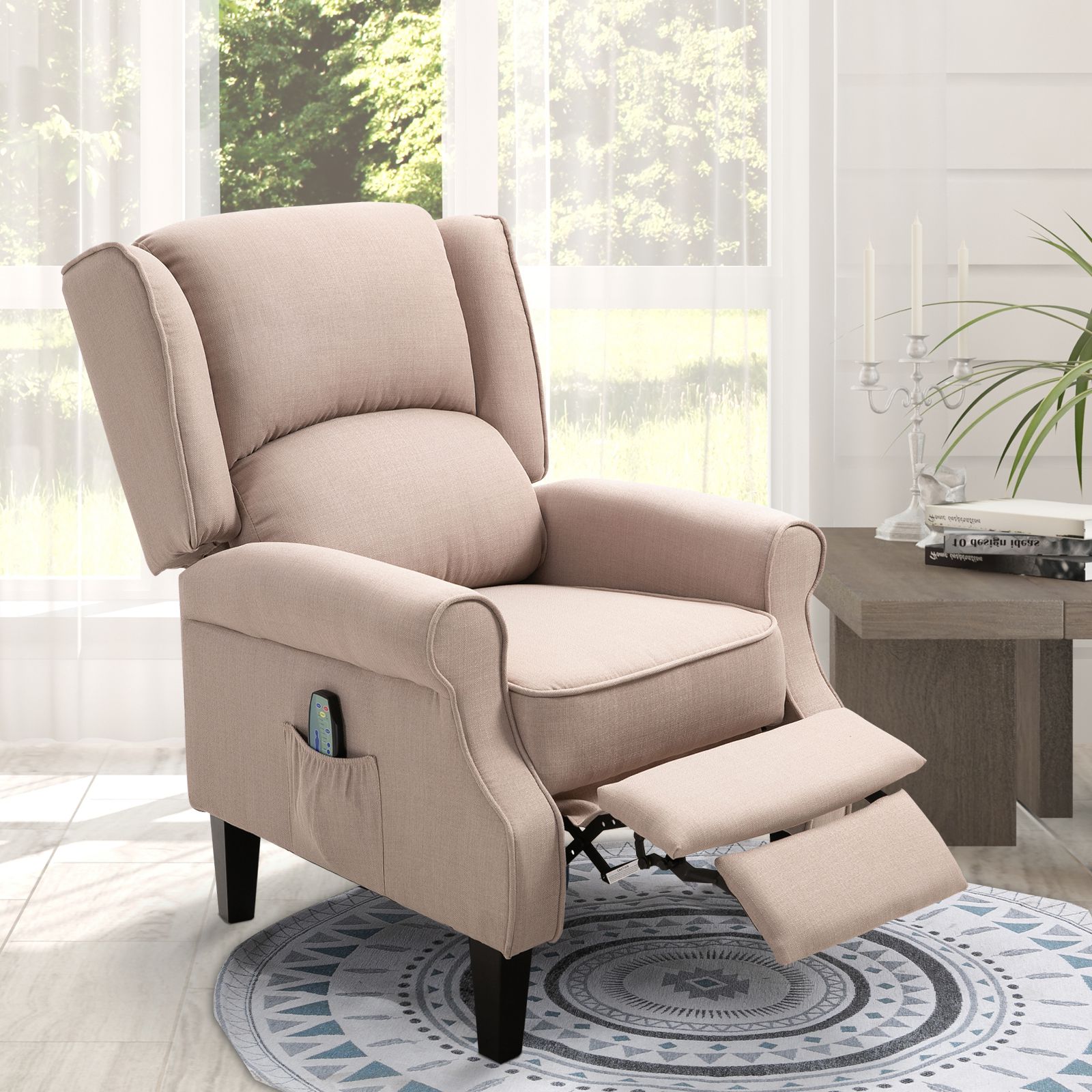Heated Massage Reclining Armchair Thick Sponge Padded Linen Upholstery Metal Wood Frame Home Luxury Relaxation Beige