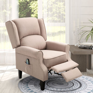 Heated Massage Reclining Armchair Thick Sponge Padded Linen Upholstery Metal Wood Frame Home Luxury Relaxation Beige