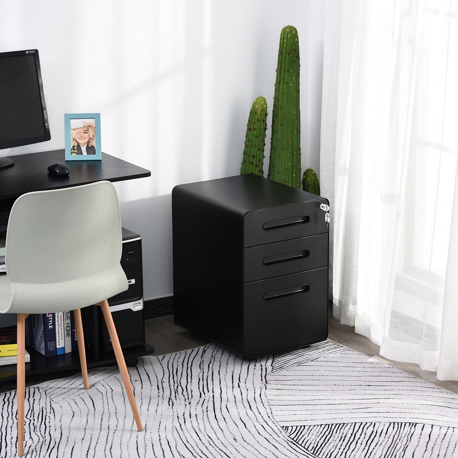 Lockable File Cabinet with 3 Drawers, Vertical Office Drawer for A4, Letter, Legal Size, Anti-tilt Design, Pre-Assembled Body, Black