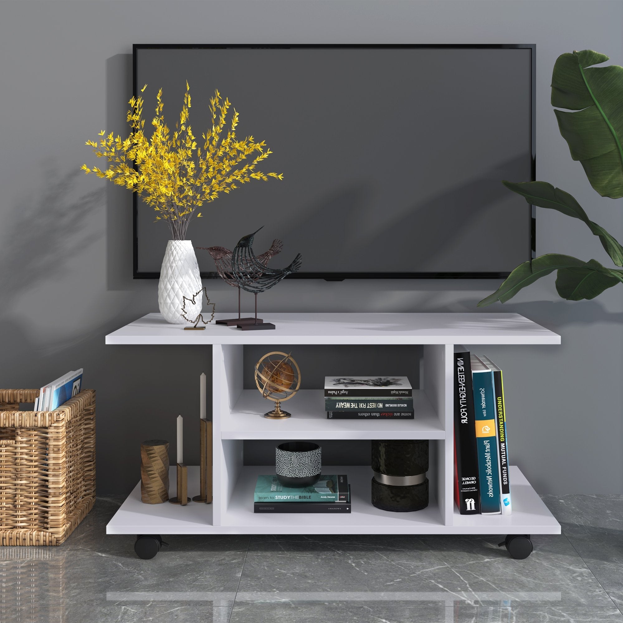 Modern TV Cabinet Stand Storage Shelves Table Mobile Bedroom Furniture Bookshelf Bookcase White