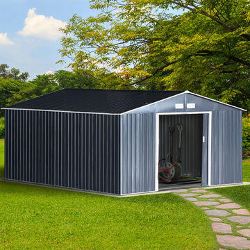 13 x 11ft Metal Garden Shed, Outdoor Storage Tool House with Ventilation Slots, Foundation Kit and Lockable Double Doors, Grey