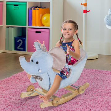 2 In 1 Plush Baby Ride on Rocking Horse Elephant Rocker with Wheels Wooden Toy for Kids 32 Songs for 18+ Months (Blue)