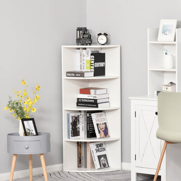 4-Tier Corner Open Shelf Bookcase Fan Bookshelf Plants Stand Wood Freestanding Unit, 40x40x120cm, White