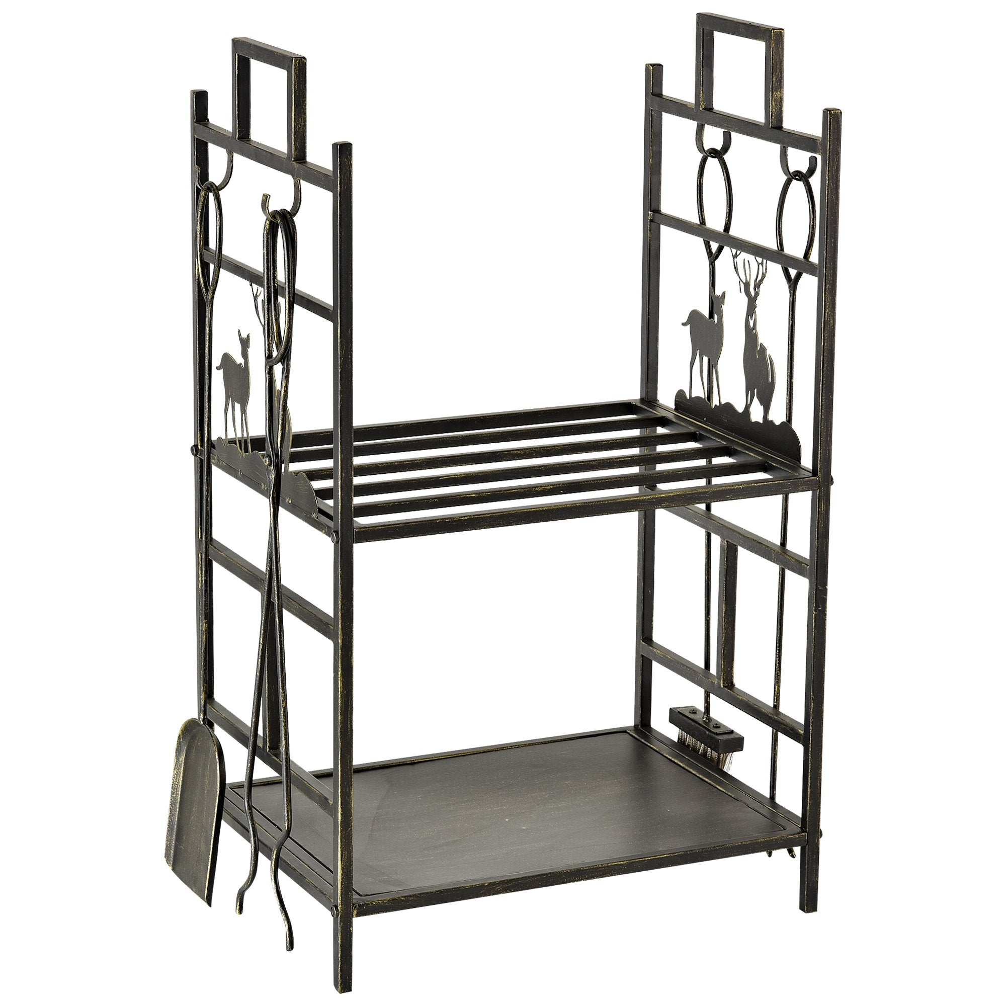 Metal Firewood Log Holder 2 Tier Firewood Rack Indoor Outdoor Fireplace Wood Storage Shelf with 4 Tools, Hooks, Elk Shape Design, Black Gold Tone, 51.5W x 33D x 77H cm