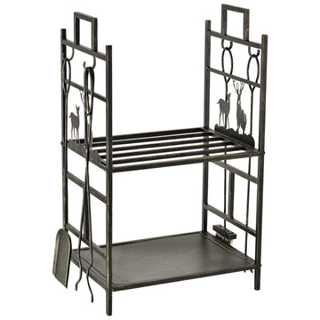 Metal Firewood Log Holder 2 Tier Firewood Rack Indoor Outdoor Fireplace Wood Storage Shelf with 4 Tools, Hooks, Elk Shape Design, Black Gold Tone, 51.5W x 33D x 77H cm