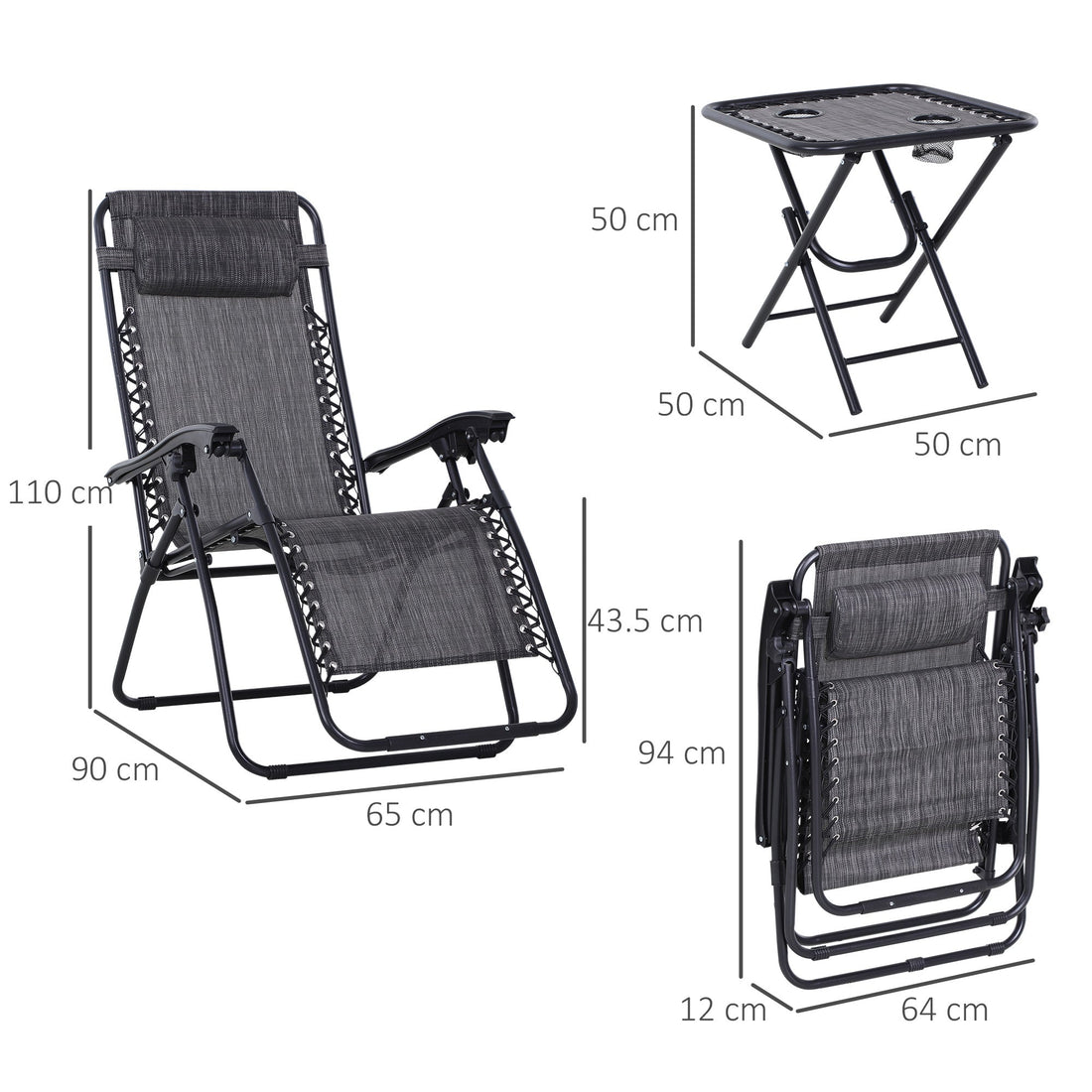 3pcs Folding Zero Gravity Chairs Sun Lounger Table Set w/ Cup Holders Reclining Garden Yard Pool, Light Grey