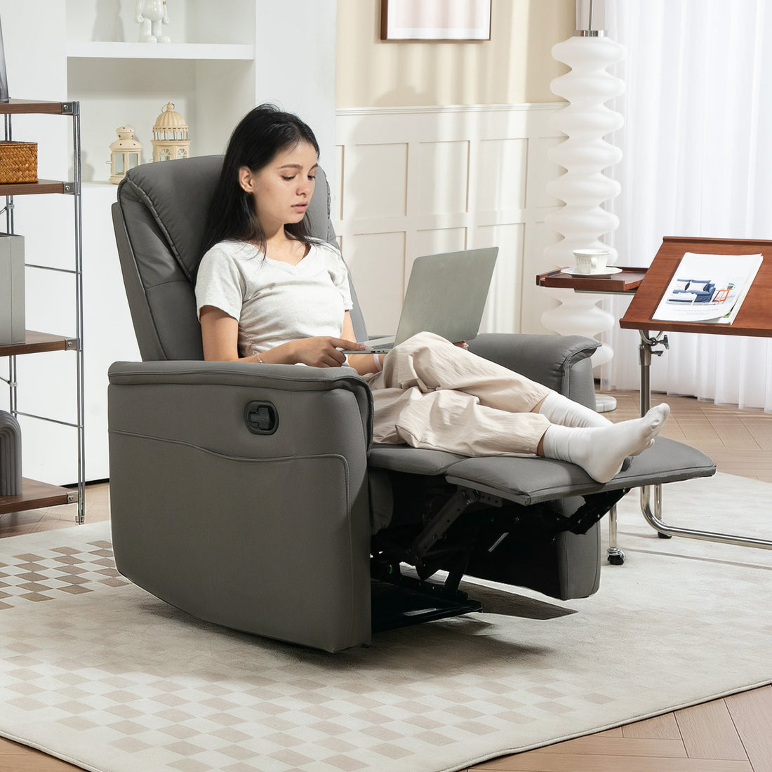Recliner Armchair with Thick Padded Spring Cushion, Microfibre Manual Reclining Chair with Adjustable Leg Rest, Side Pockets for Living Room, Bedroom, Light Grey