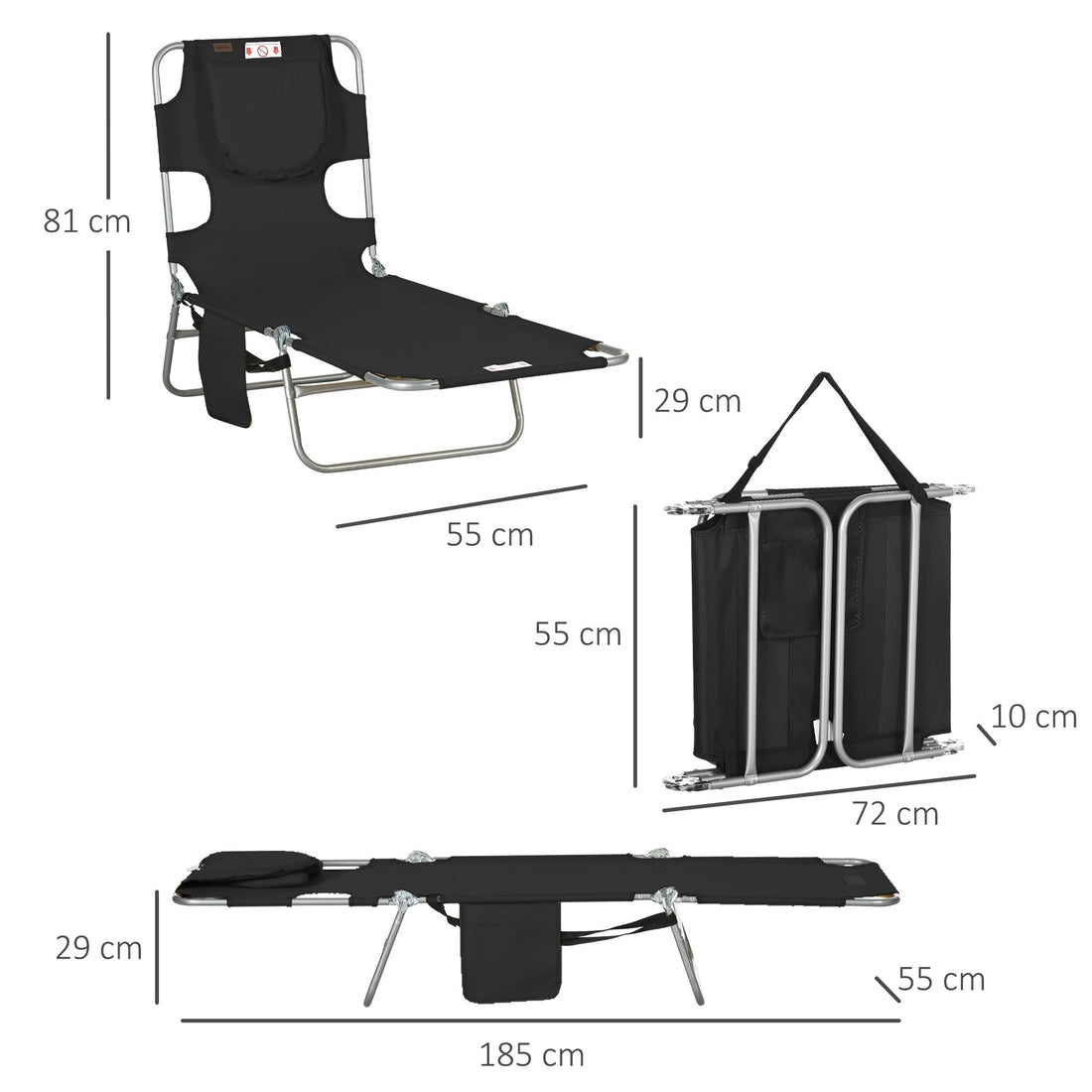 Foldable Sun Lounger, Beach Chaise Lounge with Reading Hole, Arm Slots, 5-Position Adjustable Backrest, Side Pocket, Pillow for Garden, Beach, Pool, Black