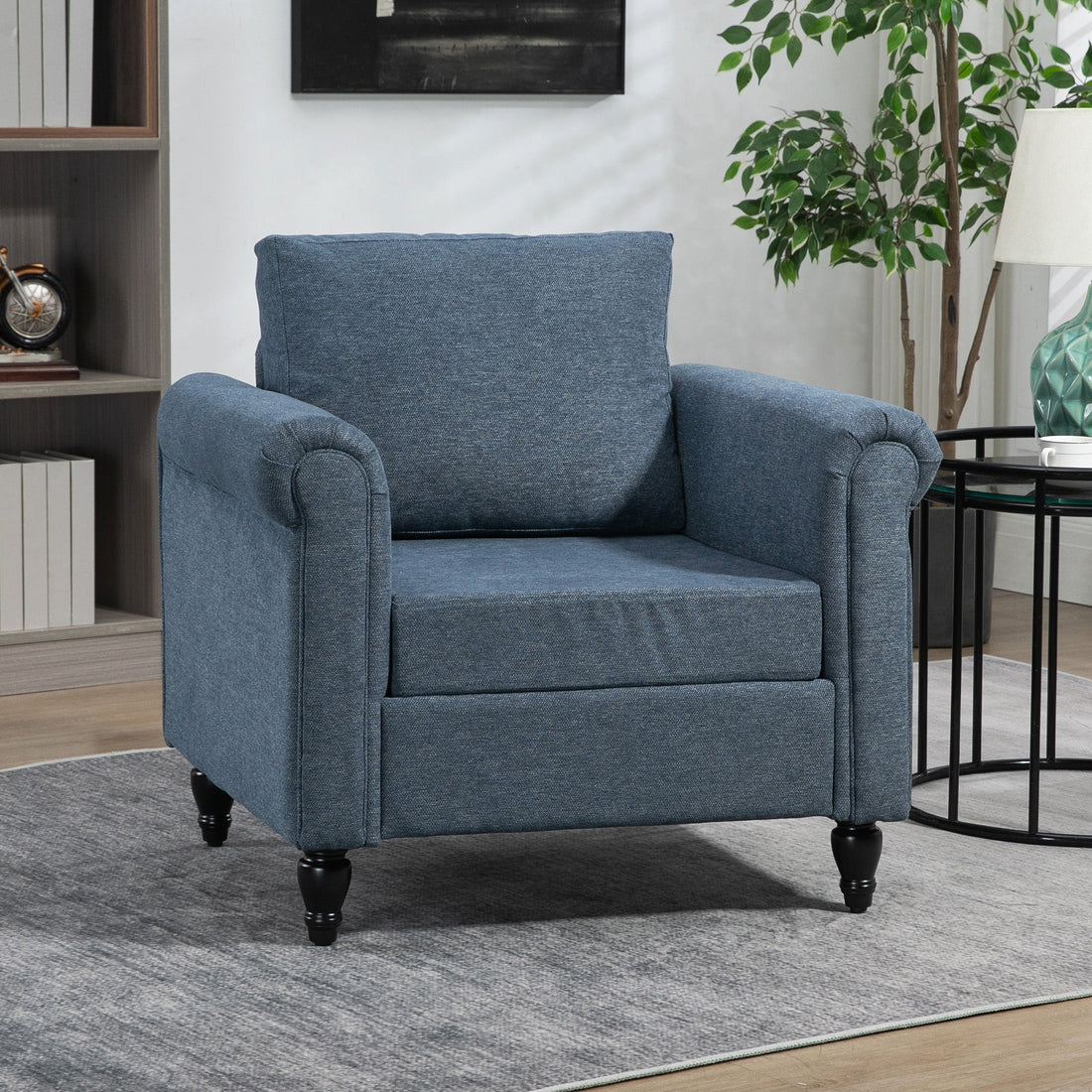 Vintage Accent Chair, Upholstered Occasional Chair with Back Pillow, Rolled Arms, Rubber Wood Legs, Dark Blue