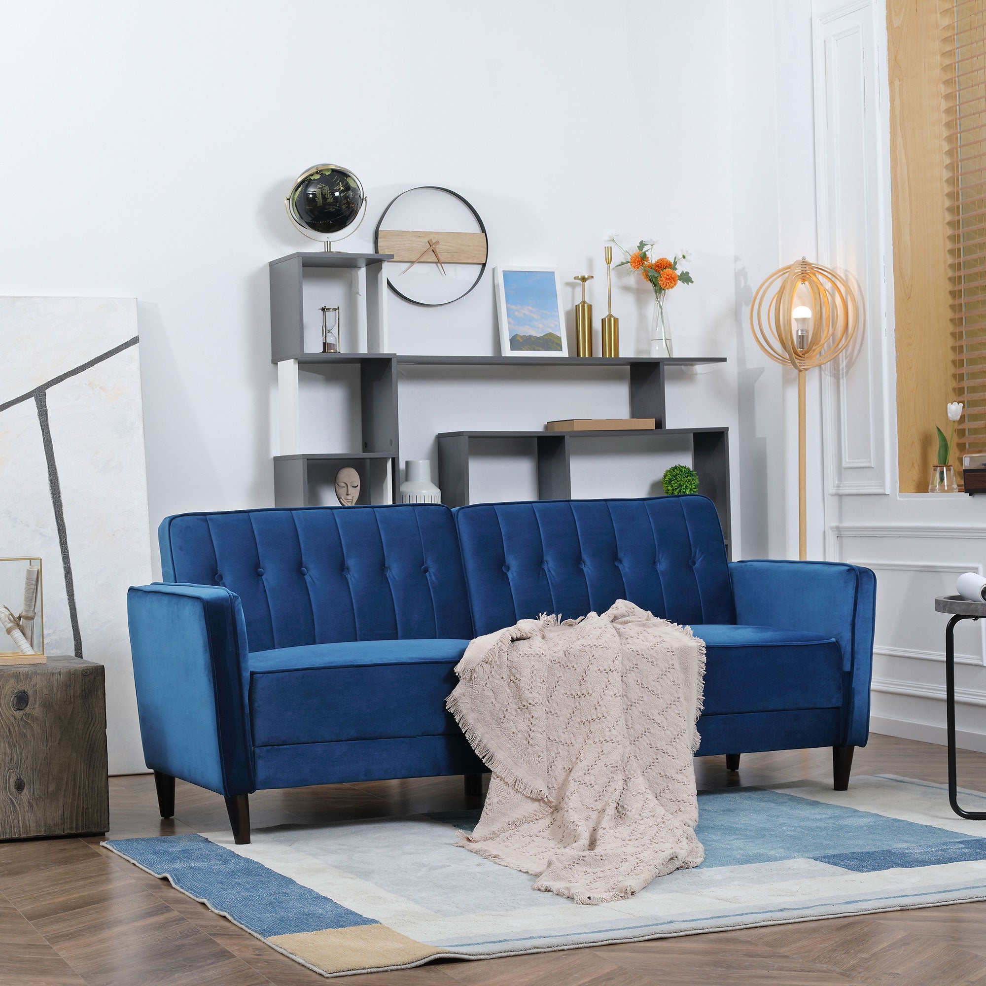 Modern 3 Seater Velvet Sofa Bed, Click Clack Sofa Bed, Button Tufted Sleeper Couch with Split Reclining Backrest and Rubber Wood Legs, Blue