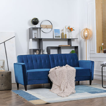 Modern 3 Seater Velvet Sofa Bed, Click Clack Sofa Bed, Button Tufted Sleeper Couch with Split Reclining Backrest and Rubber Wood Legs, Blue
