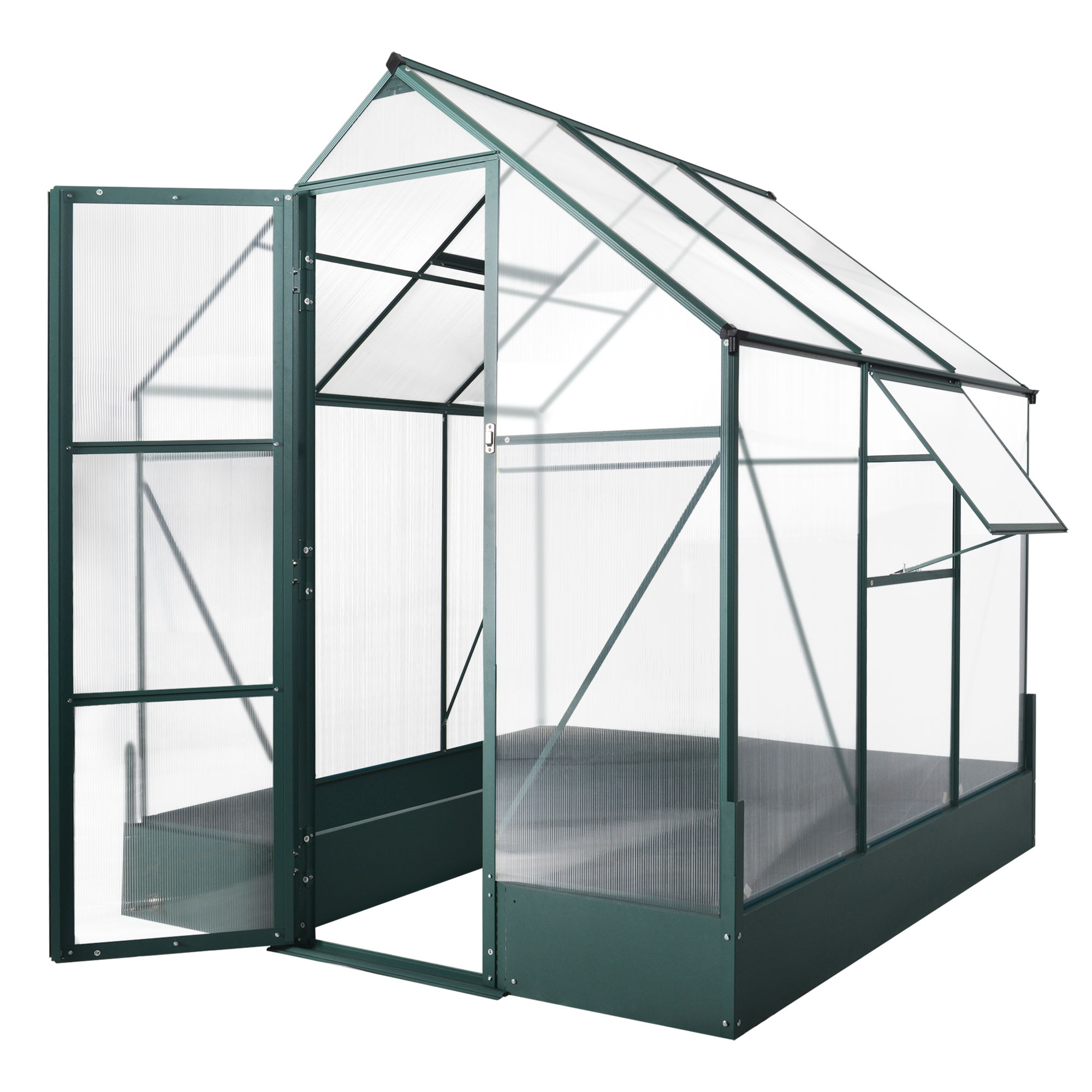 6x6 FT Polycarbonate Greenhouse with Base and Raised Bed, Walk-in Greenhouse with Aluminium Frame, Temperature Controlled Window, Foundation for Plants, Flowers, Vegetable