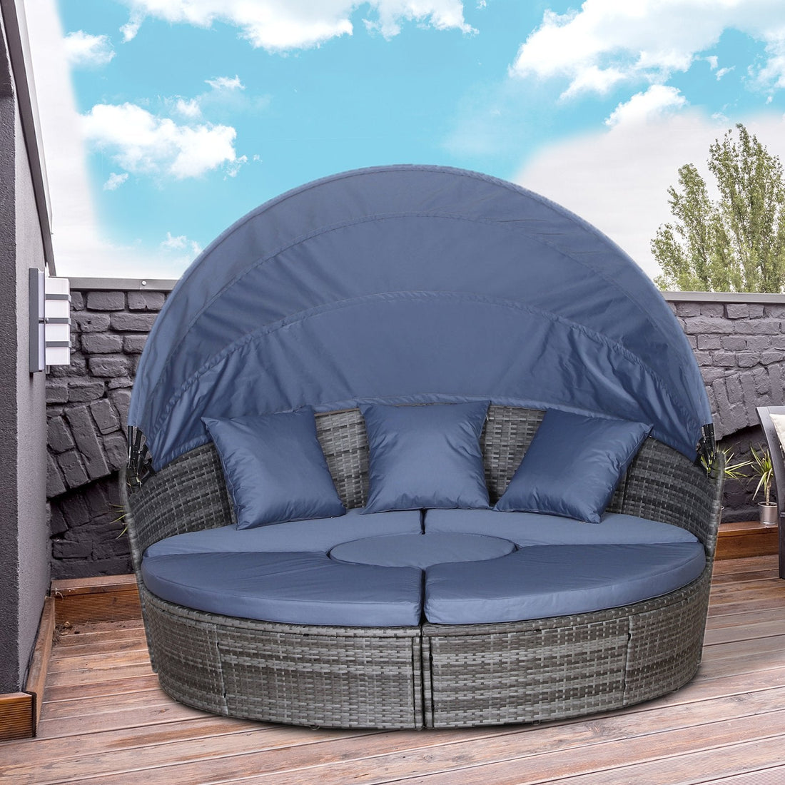 PE Rattan Lounge Set, 5 Pieces Patio Conversation Furniture Set, Garden Round Sofa Bed with Cushion and Retractable Canopy, Grey