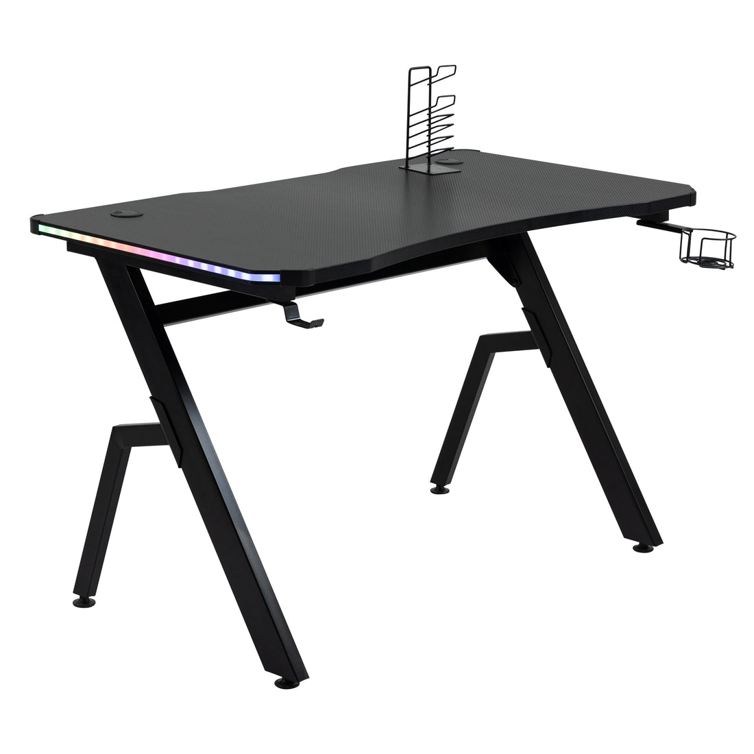 RGB 120 x 66cm Gaming Desk, Computer Table with Carbon Fibre Surface, Headphone Hook, Cup Holder, Controller Rack, Home Office Desk, Black