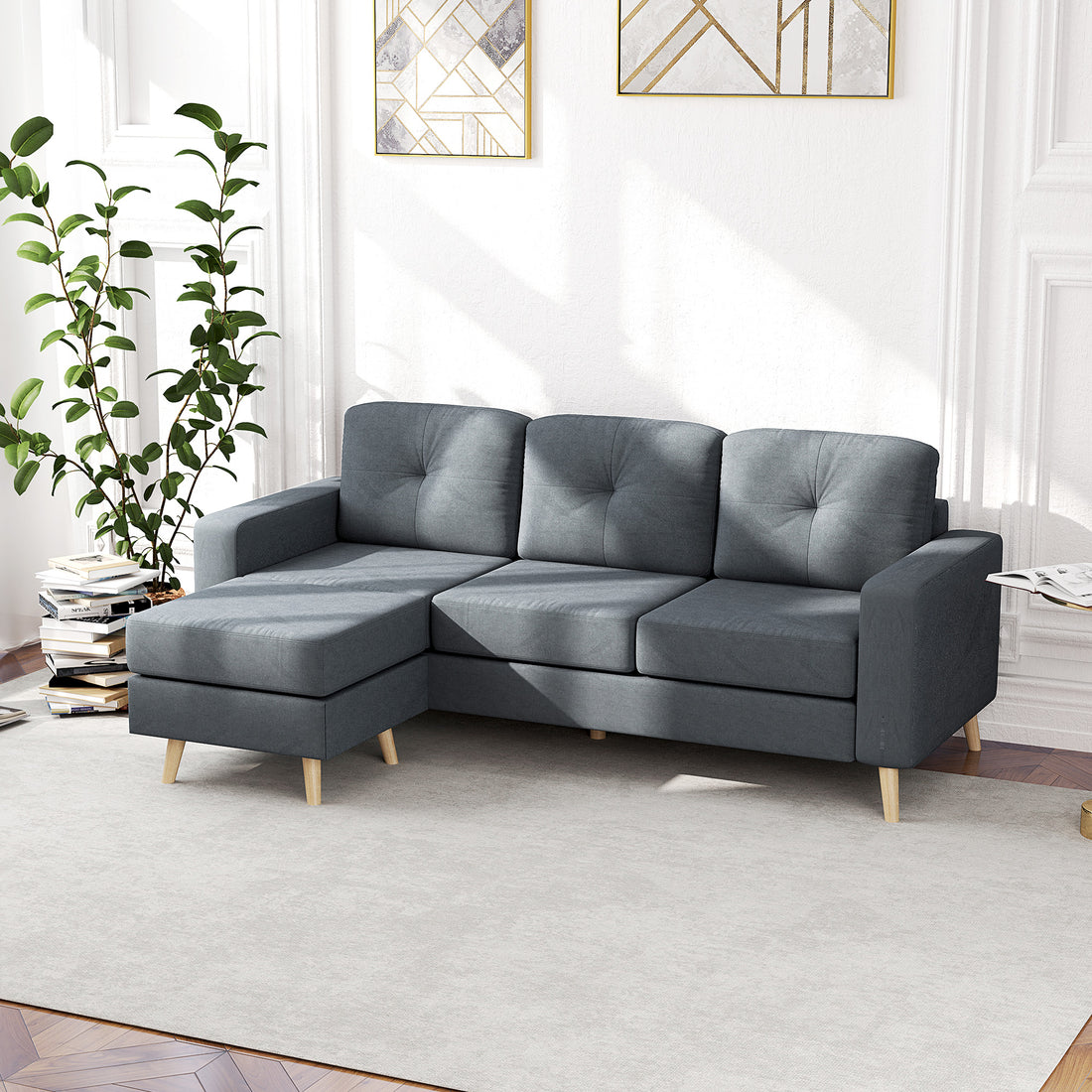 3 Seater Sofa with Footstool, Fabric L-Shaped Sofa, Sectional Couch with Wood Legs, Tufting Cushioned Back for Small Space, Living Room, Office, Dark Grey