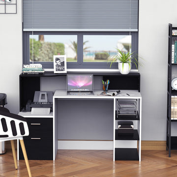Computer Desk with Drawers and Storage Shelves, Reception Desk, Study Workstation for Home Office, 137 x 55 x 92cm, Black and White