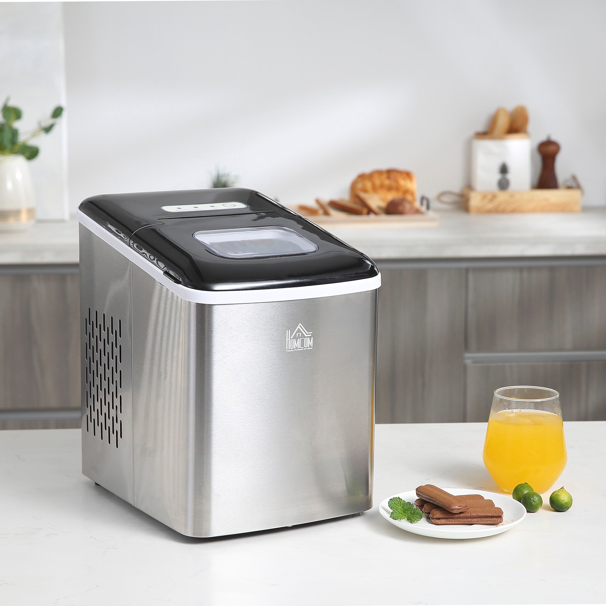 Ice Maker Machine, Counter Top Ice Cube Maker for Home, 9 Ice Cubes per 8 Minutes, 1.8L with Self Cleaning Function, Scoop and Basket Stainless Steel No Plumbing Required Black