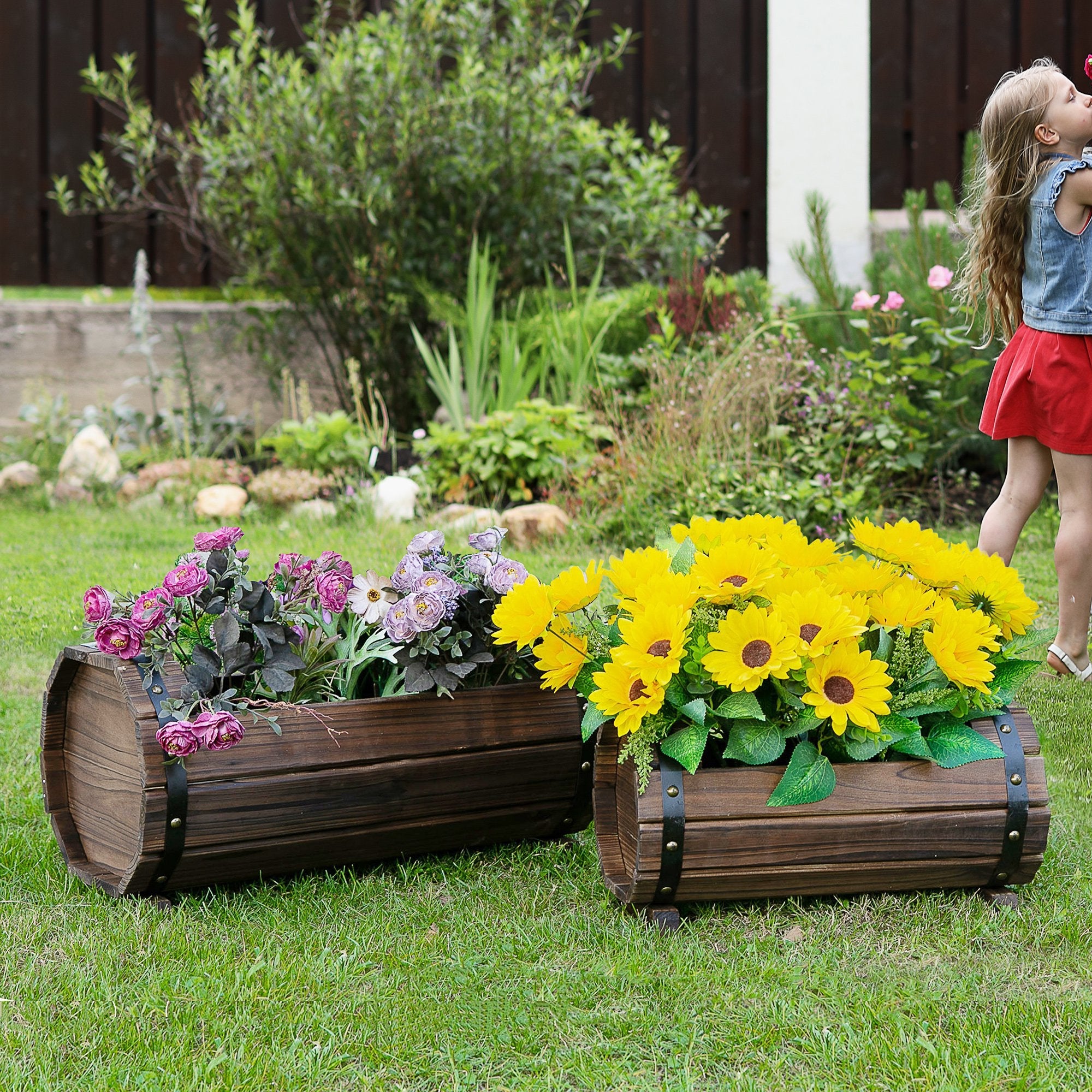 2PCs 56L Wooden Planter Box Flower Plant Pot Outdoor Flower Beds Plant Box with Solid Wood Carbonized Colour