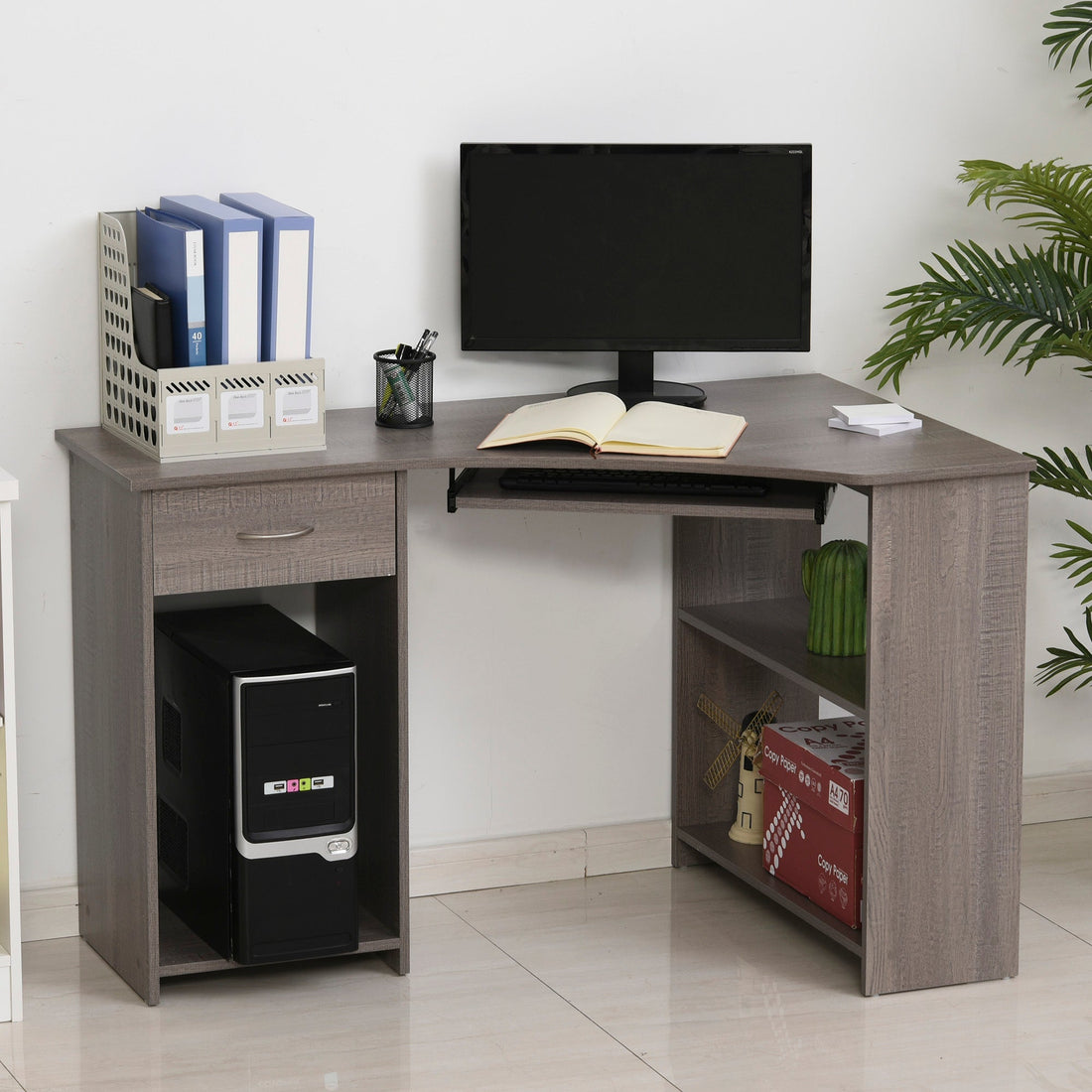 L-Shaped Corner Computer Desk w/ 2 Shelves Wide Worktop Keyboard Tray Drawer & CPU Stand Home Office Study Bedroom Furniture Grey