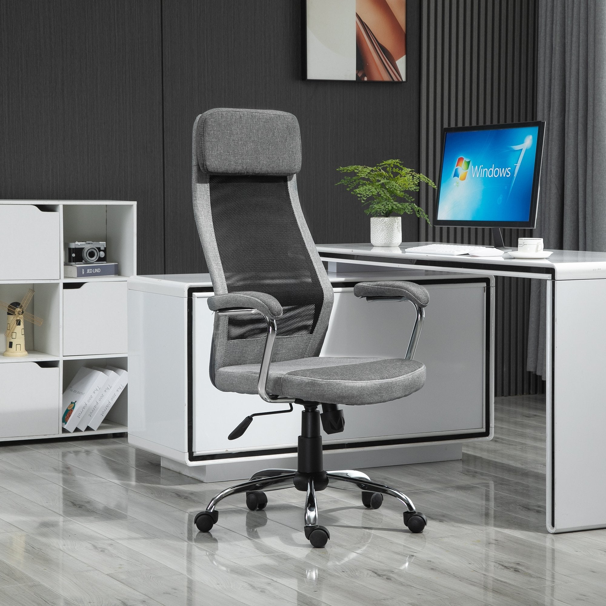 Office Chair, Ergonomic Desk Chair, High Back Computer Chair with Adjustable Height, Swivel Rolling Wheels, Mesh Back and Linen-Feel Fabric Seat for Home and Study, Grey