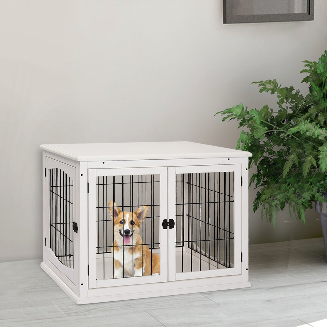 Dog Crate Furniture, Puppy Crate End Table, Pet Kennel House with 2 Doors for Medium and Small Dogs, 81 x 58.5 x 66 cm, White