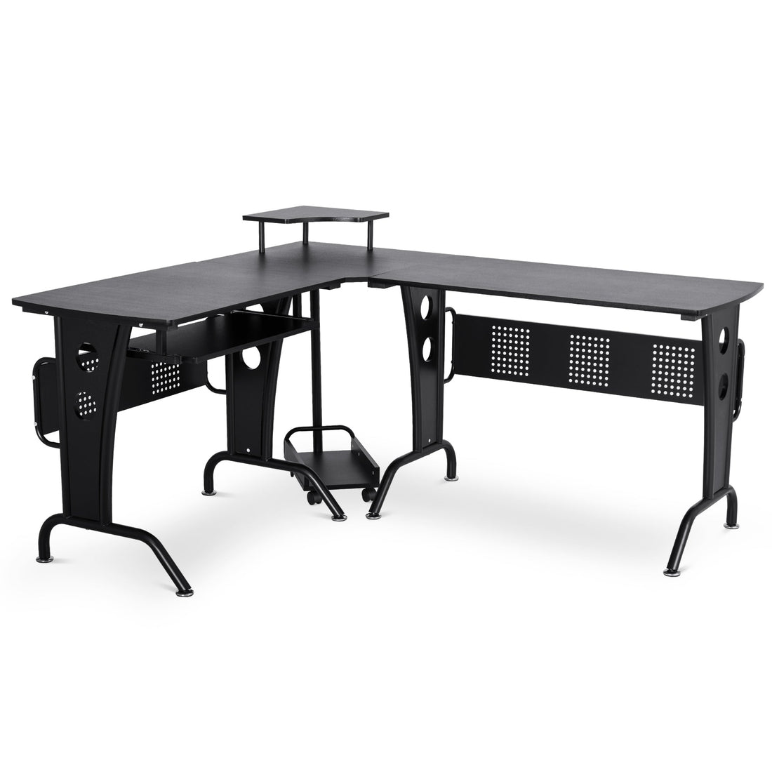L-Shaped Corner Desk, Gaming Desk with CPU Rack, Keyboard Tray, Space-Saving Computer Desk with Steel Frame for Home Office,165 x 145 x 86.5cm, Black