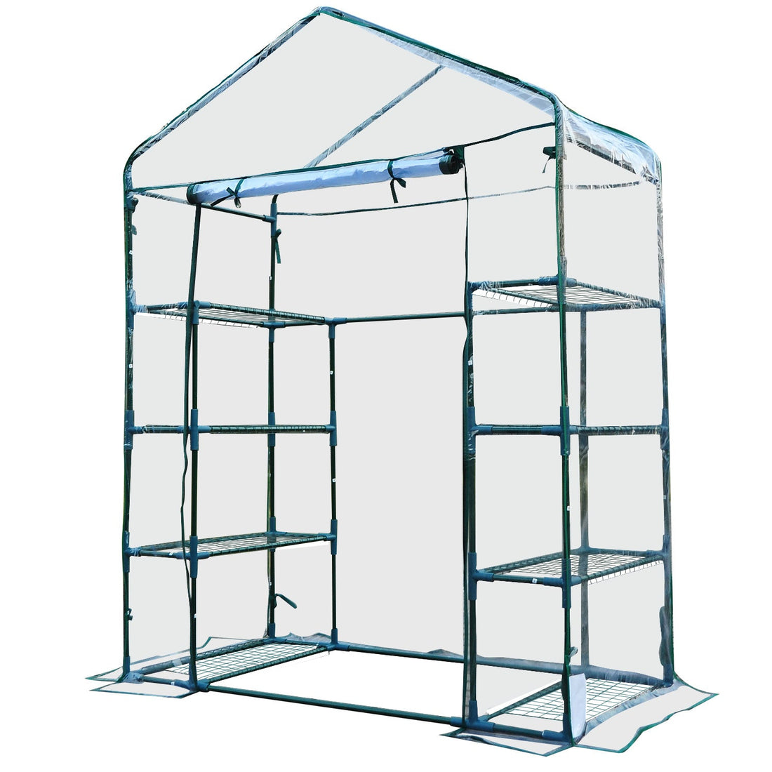 Walk in Greenhouse with 4-Tier 8 Shelves, Green House with Hemmed Cover, Roll-up Zipped Door, Steel Frame, 143 x 73 x 195cm