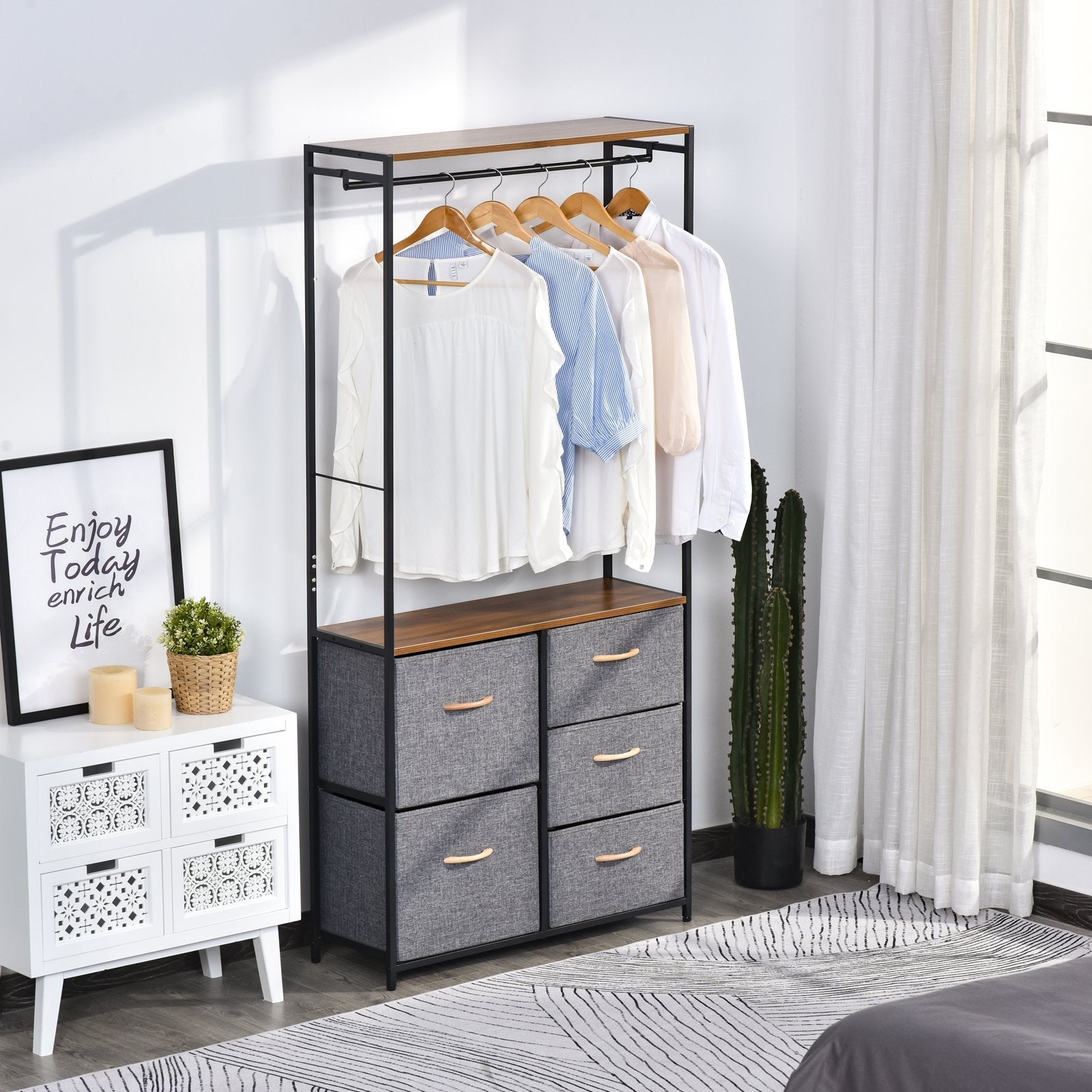 Chest of Drawers with Coat rack Steel Frame 5 Drawers Bedroom Hallway Home Furniture Black Brown