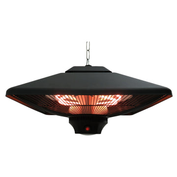 Hanging Electric Patio Heater with 2 Power Settings, 1000/2000W Waterproof Ceiling Mounted Aluminium Halogen Infrared Outdoor Heater Warmer with LED Light and Remote Control, Black