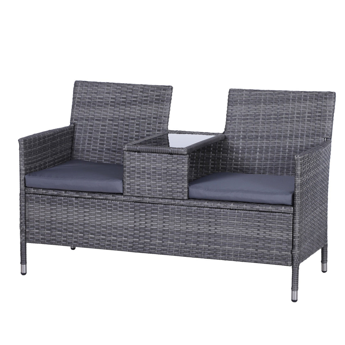 2-Seater PE Rattan Outdoor Garden Bench w/ Centre Table Grey