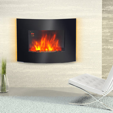 Led Wall Mounted Fireplace Curved Glass Electric Fire Place Fire Place 7 Colour Side Lights Slimline, 900/1800W, 65cm x 52cm