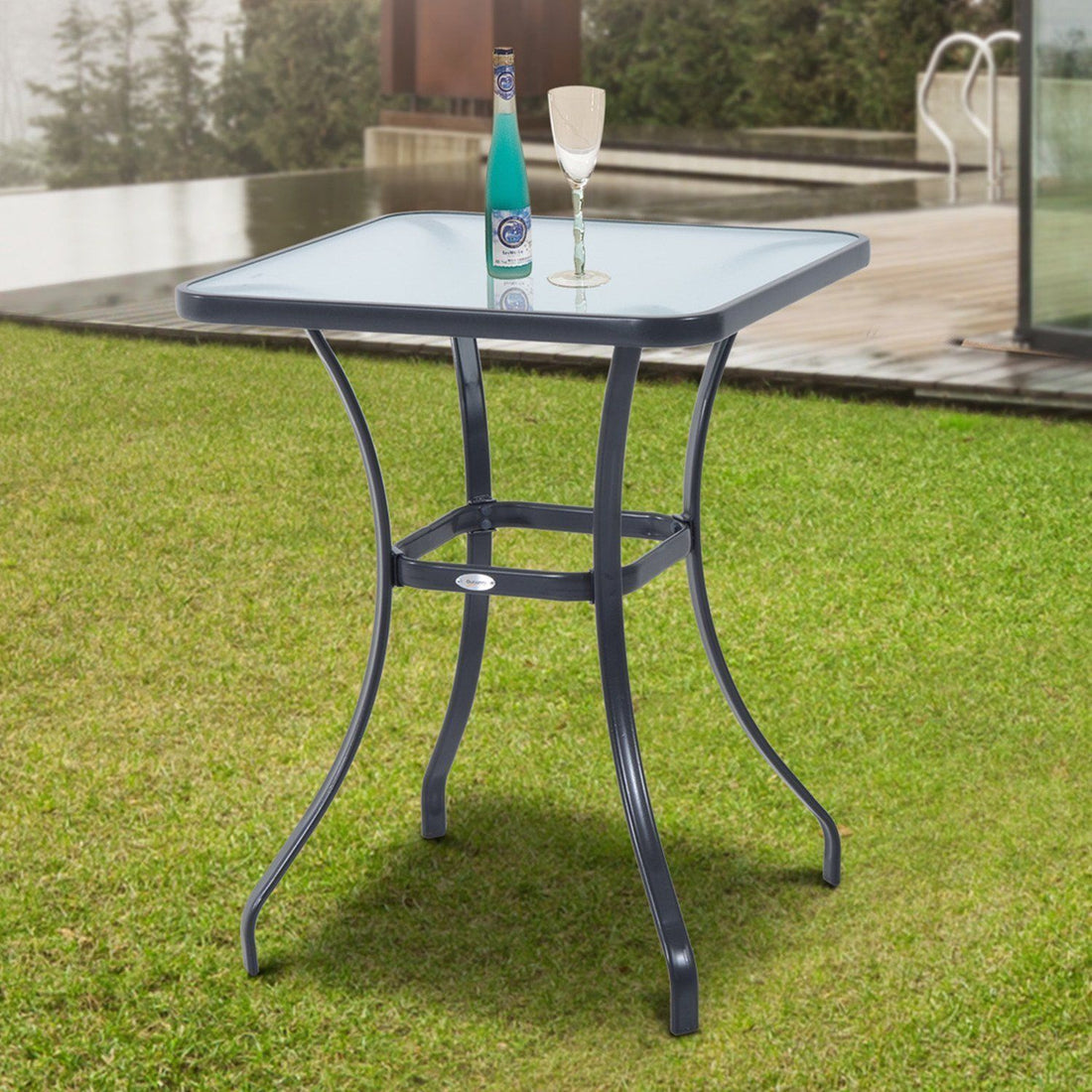 Square Garden Table, Outdoor Coffee Table with Tempered Glass Top, Bar Bistro Dining Table, Metal Frame for Patio, Balcony, 68.5 x 68.5 x 84cm