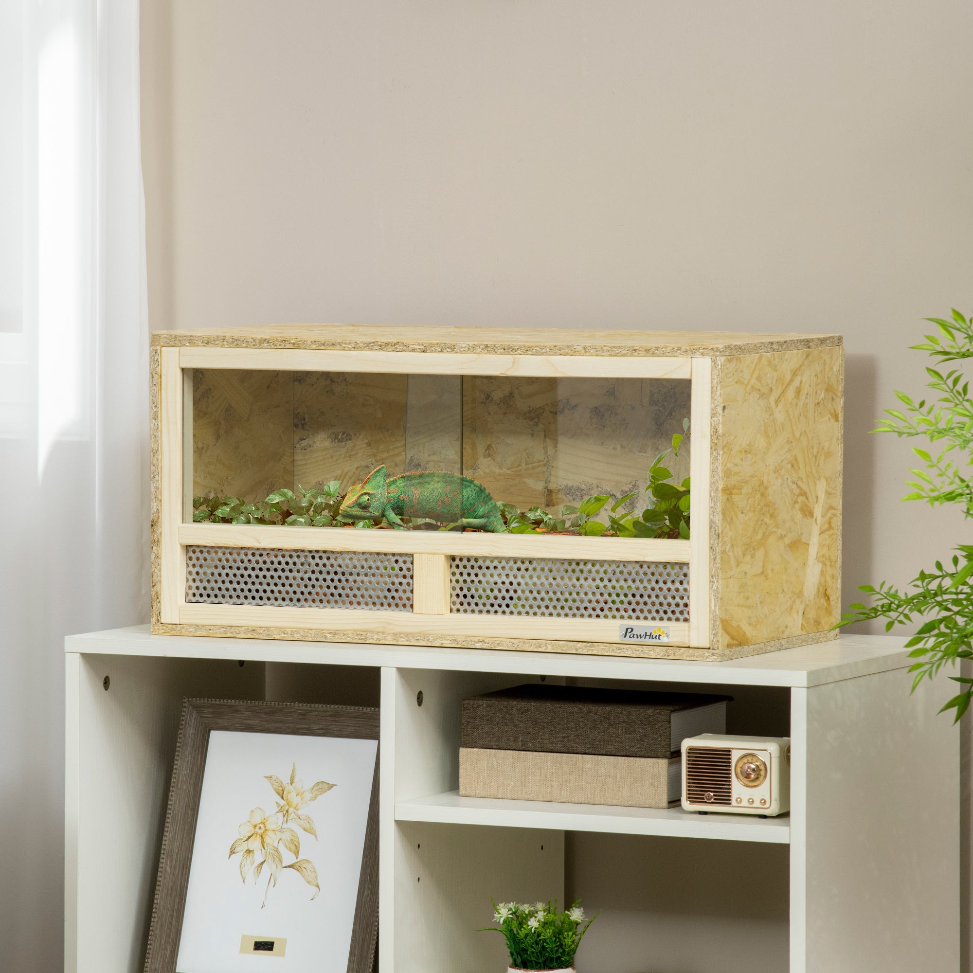 Reptile Terrarium Vivarium Habitat w/ Transparent Sliding Doors, Breathable Mesh, for Lizards, Horned Frogs, Snakes and Chameleons, 60 x 29.5 x 29.5cm