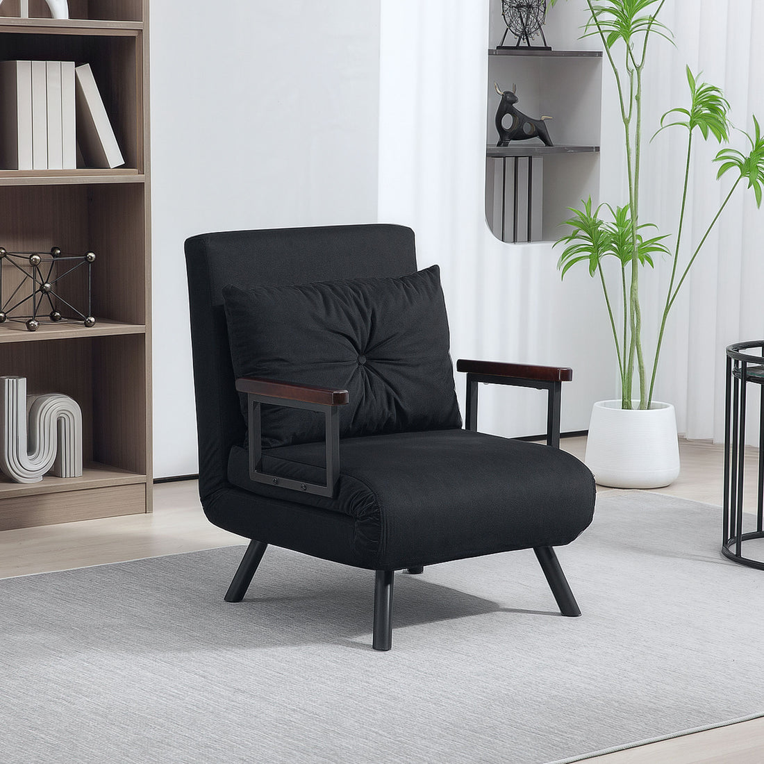 4-in-1 Velvet-Feel Single Chair Bed, with Pillow - Black