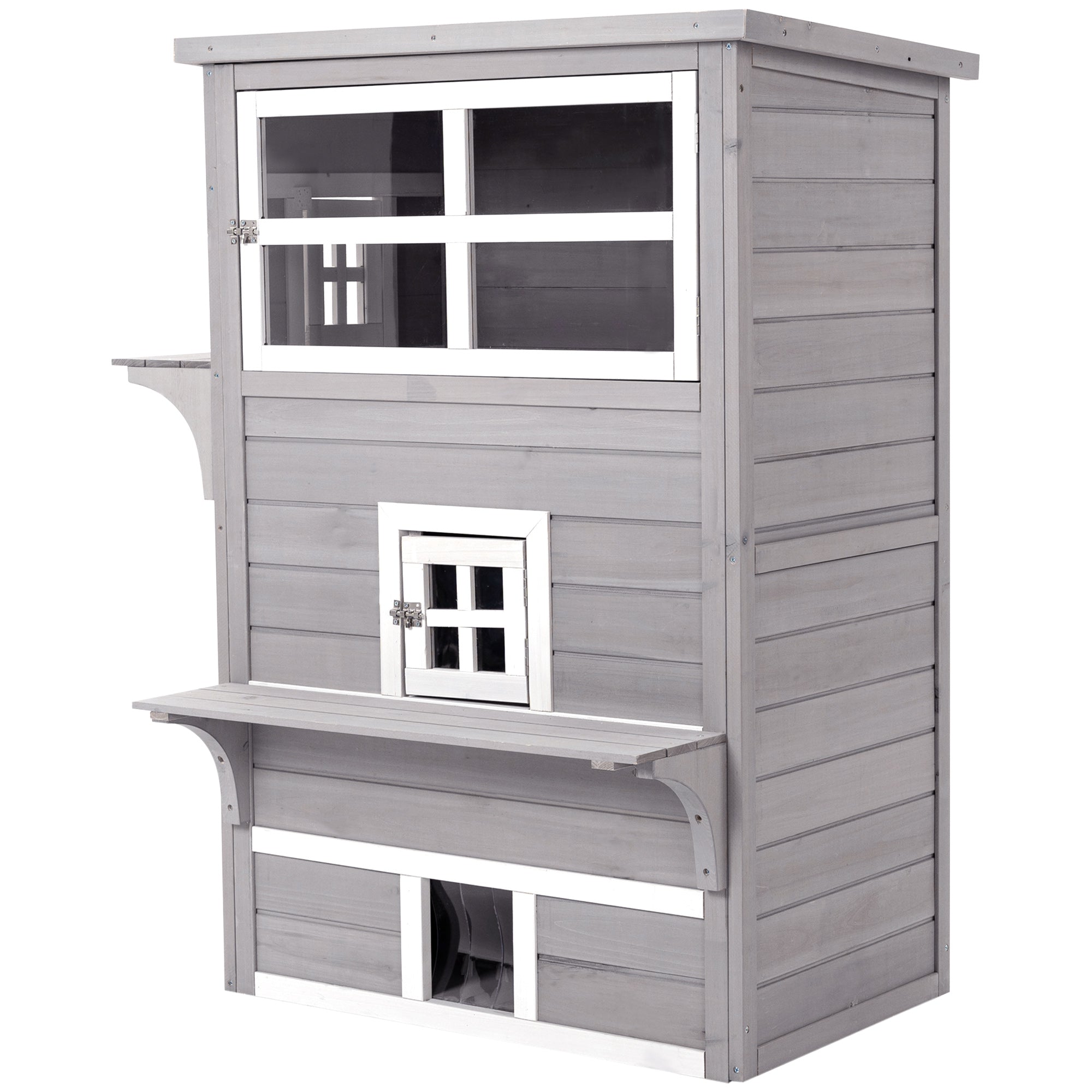 Three-Tier wooden Kitten Shelter, Outdoor Cat House, with Jumping Platforms, Asphalt Roof, Doors - Grey